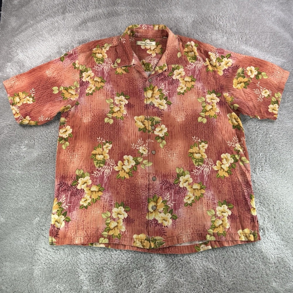 Tommy Bahama Mens XL Silk Hawaiian Camp Shirt Pink Floral Aloha Beach Island